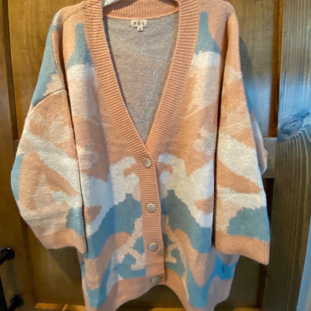 Camo peach and blue color super oversized cardigan . Pol
